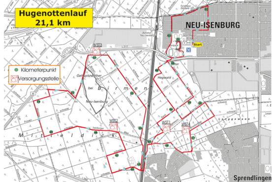 Ansicht Streckenlaufplan auf Karte 21,1 km Hugenottenlauf