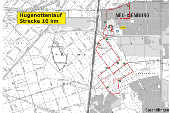 Ansicht Streckenlaufplan auf Karte 10 km Hugenottenlauf