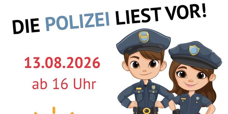 Polizei liest vor, Sirene und Polizist und Polizistin in Uniform