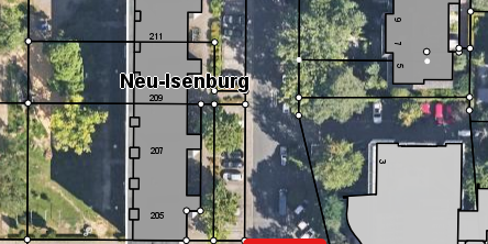 Luftbildausschnitt Konrad-Adenauer-Straße  im Bereich der Fahrbahnsperrung (rote Markierung)