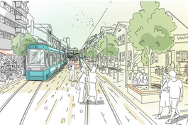 Mit einem Mittelbahnsteig wird das platzähnliche Ambiente und die Fußgängerfreundlichkeit des Raumes unterstrichen. Visualisierung aus der Präsentation von traffiQ