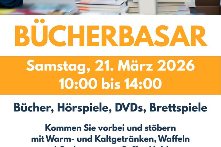 Plakat Bücherbasar am 21. März 2026 vor der Stadtbibliothek Neu-Isenburg