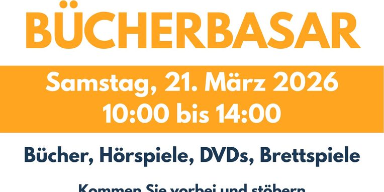 Plakat Bücherbasar am 21. März 2026 vor der Stadtbibliothek Neu-Isenburg