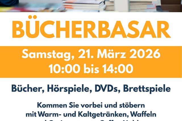 Plakat Bücherbasar am 21. März 2026 vor der Stadtbibliothek Neu-Isenburg