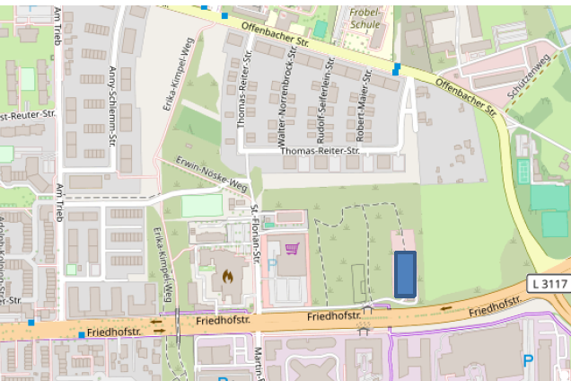 Luftbild Kartenausschnitt Friedhofstraße mit blauer Kennzeichnung der geplanten Unterkunft