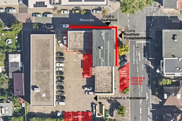 Ansicht des Postgebäudes von oben mit den Markierungen für die Gerüststellung (rote Kennzeichnung)