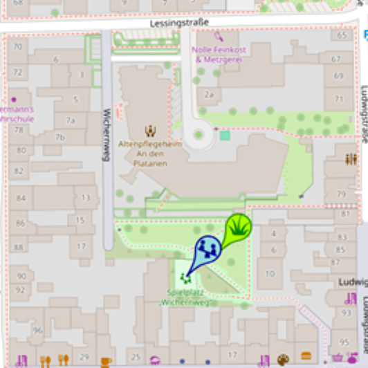 Das Quartier liegt zwischen der Lessingstraße, der Waldstraße, der Bahnhofstraße und der Ludwigstraße
