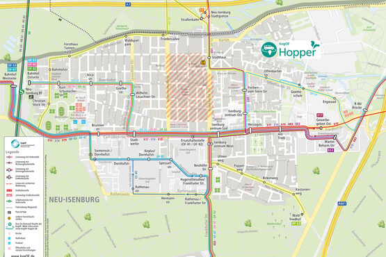 Stadtplan mit Route der Buslinien in Neu-Isenburg während des Lumpenmontagsumzuges