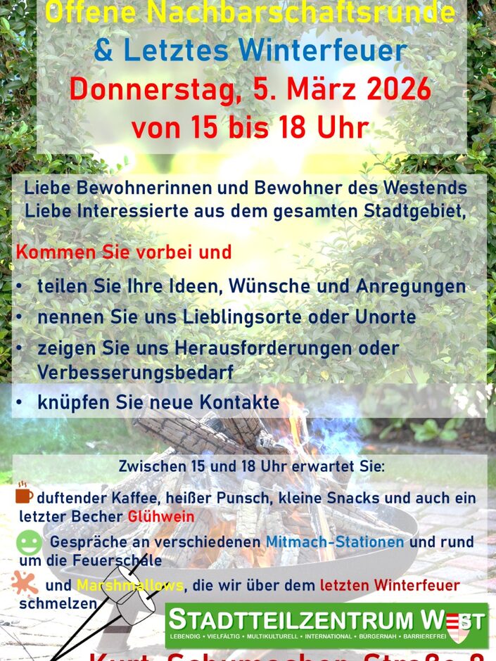Veranstaltungsankündigung zum Winterfeuer im Stadtteilzentrum West am 5. März 2026