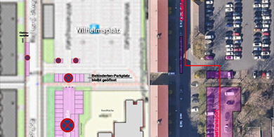 Parkplatzsperrungen auf dem Wilhelmsplatz und in der Richard-Wagner-Straße am 6. Februar (rote Linien)