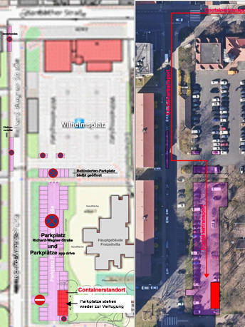 Parkplatzsperrungen auf dem Wilhelmsplatz und in der Richard-Wagner-Straße am 6. Februar (rote Linien)