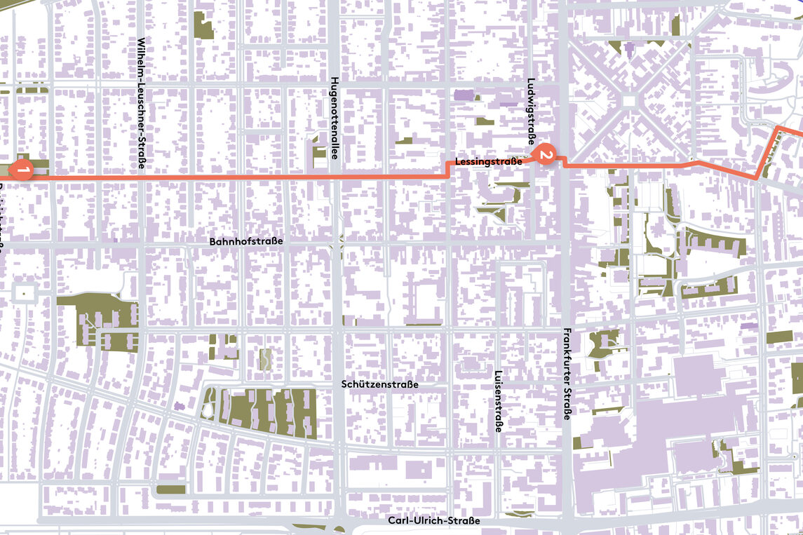 rot markierte Fahrradstraße 2024 mit den Haltepunkten 1,2,3