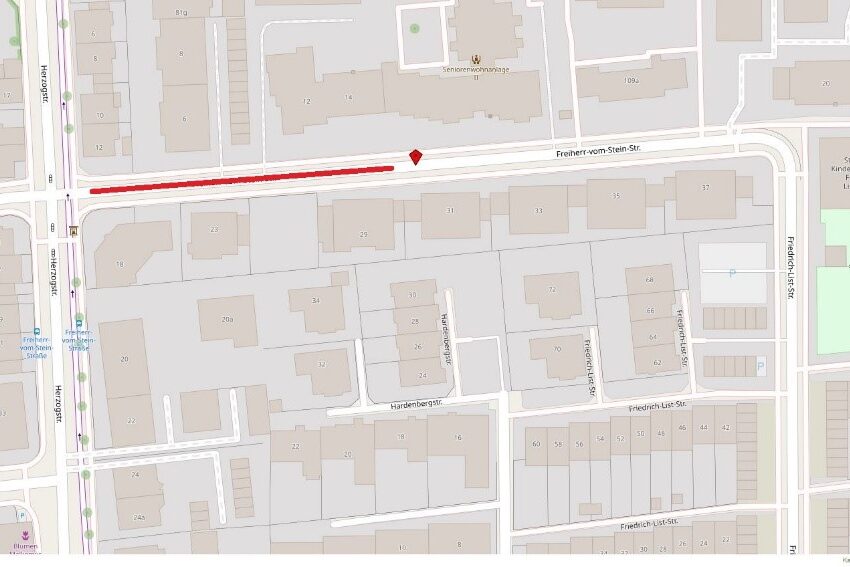Sperrungen in der Freiherr-vom Stein-Straße, im Bereich zwischen der Herzogstraße und der Hausnummer 29 (rote Linie im Bild)