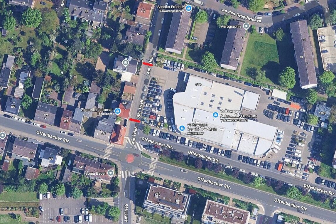 Sperrung im Bereich des Autohauses (siehe rote Markierung auf der Lagekarte)