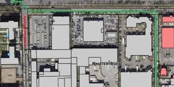 Luftbild Baustelle Siemensstraße Ecke Schleussnerstraße 102a(rote Linie im Luftbild)