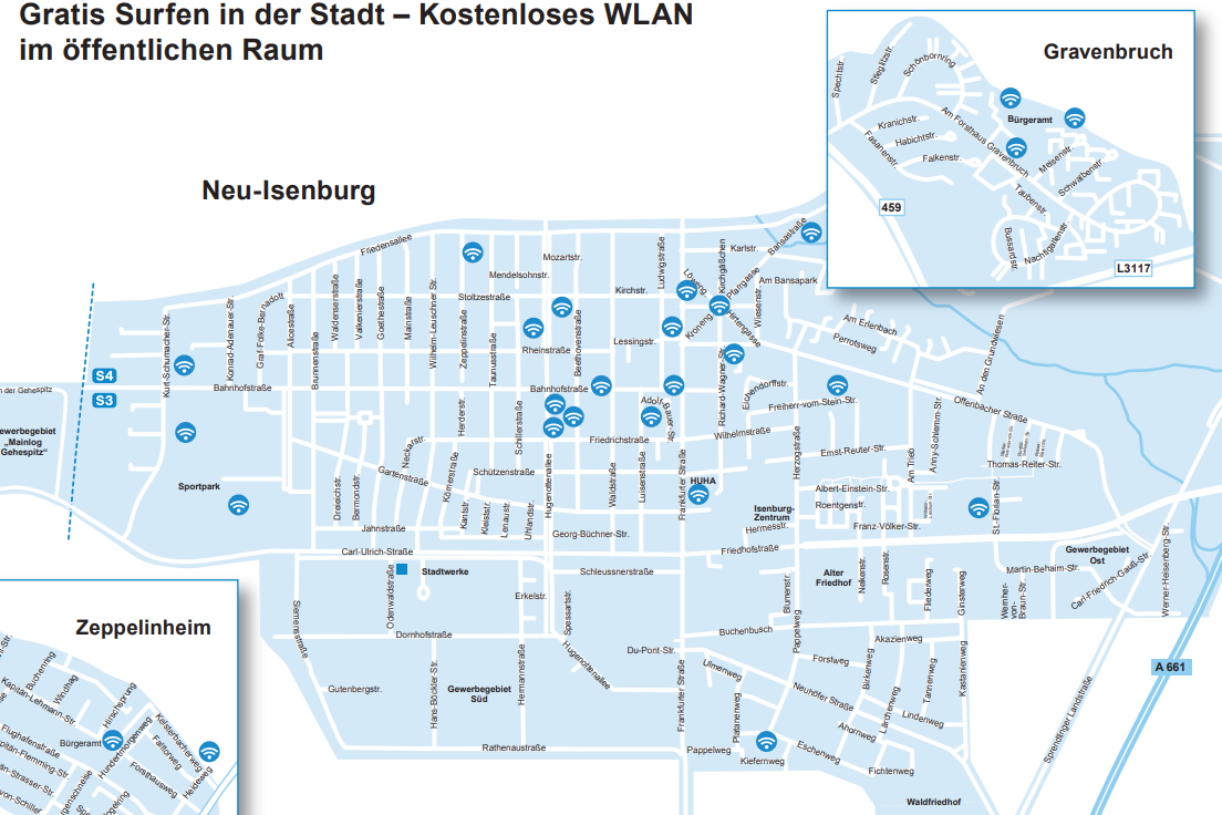 Faltblatt Neu-Isenburger mit den Standorten für City-WLAN