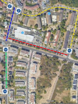 Anbindung vorhandener Fahrradstraße "Am Trieb" (Grün) an geplante Fahrradstraße "An den Grund-wiesen" (Gelb) durch Einrichtung einer Fahrradstraße im nördlichen Teil "Am Trieb" (Blau) oder durch Parallelstraße "Offenbacher Straße" (Rot)