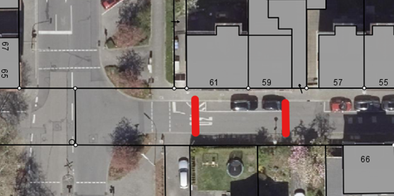 Luftbild der Sperrung in der Bahnhofstraße im Bereich der Hausnummer 72 (rote Markierung)