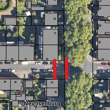 Luftbild Straßenmündung Stoltzestraße Ecke Hugenottenhalle mit roten Balken gekennzeichnet