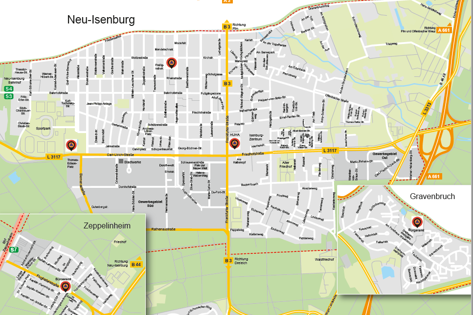Auszug aus dem Stadtplan mit den Standorten