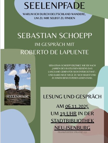 Veranstaltungshinweis auf die Lesung mit Sebastian Schoepp am 6. November 2025 in der Stadtbibliothek Neu-Isenburg