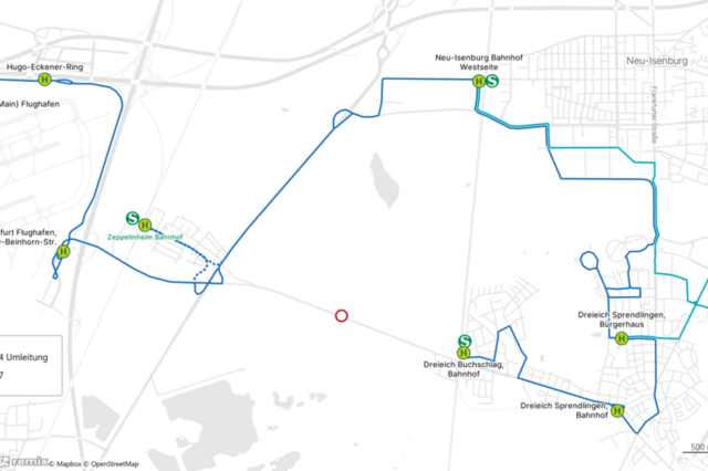 Umleitungskarte geänderte Linienführung und Abfahrtszeiten der Buslinie OF-64 aufgrund von Sanierungsarbeiten