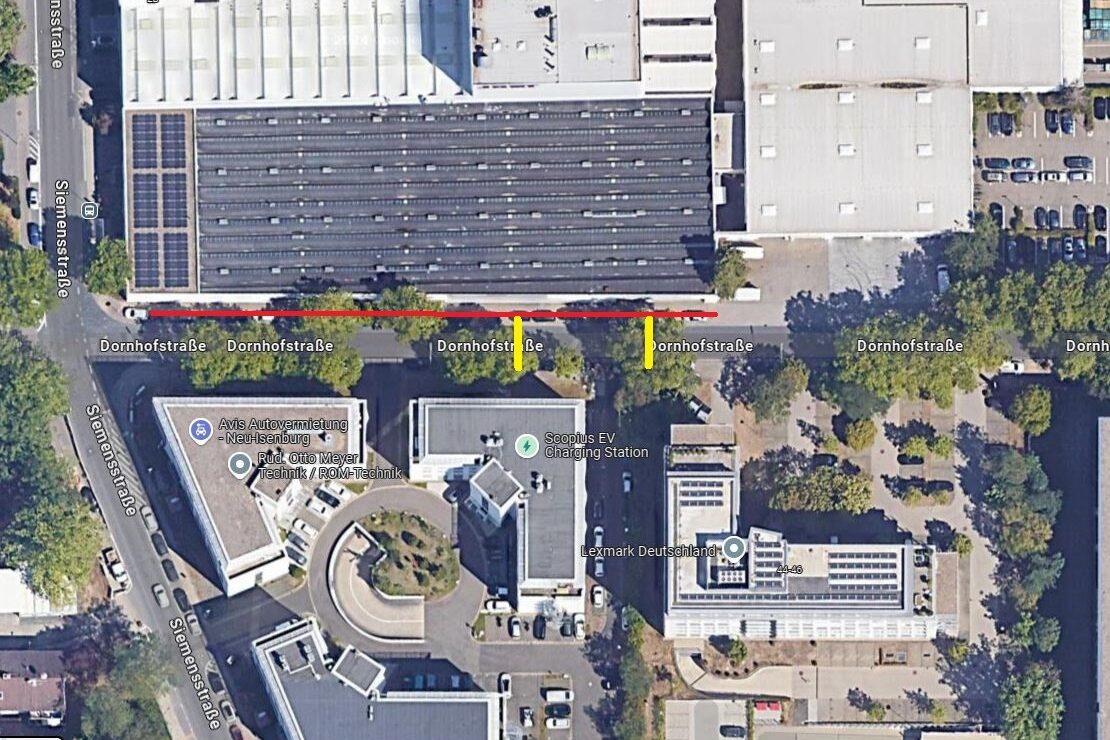 Luftbild halbseitige Sperrung der Dornhofstraße (rote Linie) und gesicherte Fußgängerquerung (gelbe Linie)