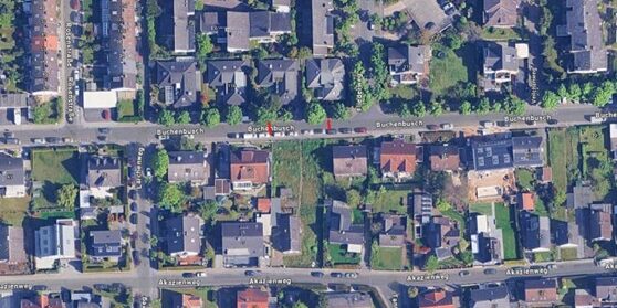 Sperrung Buchbusch auf Höhe der Hausnummern 75 und 75 A  (rote Markierung im Luftbild)