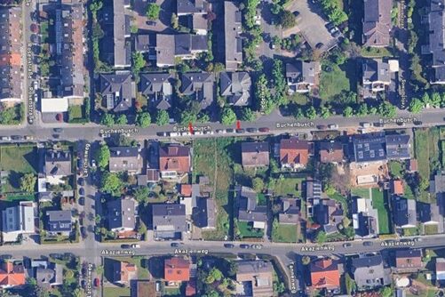 Sperrung Buchbusch auf Höhe der Hausnummern 75 und 75 A  (rote Markierung im Luftbild)
