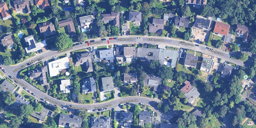 Luftbild Falkenstraße mit Kennzeichnung der Sperrung (rote Markierung)