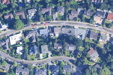Luftbild Falkenstraße mit Kennzeichnung der Sperrung (rote Markierung)