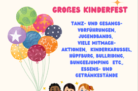 bunter Flyer zum Weltkindertag mit bunten Luftballons und bunten Fähnchen