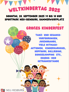 bunter Flyer zum Weltkindertag mit bunten Luftballons und bunten Fähnchen